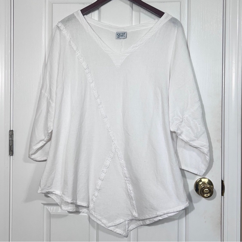 Oh My Gauze! White Cotton Blouse Top 3/4 Sleeve Plus Size EE 1X 2X Asymmetric